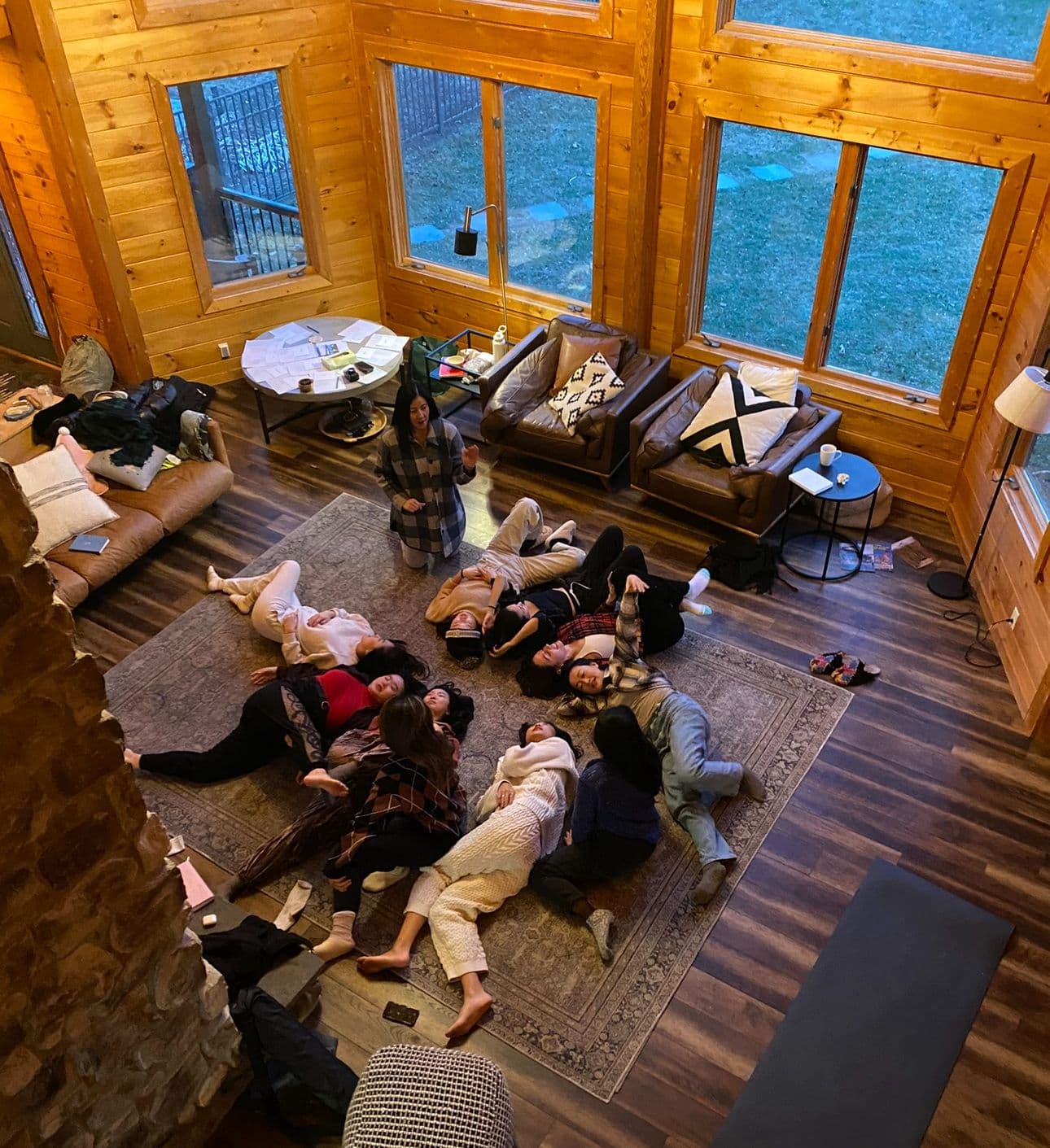 Overhead view of group breathwork at a retreat